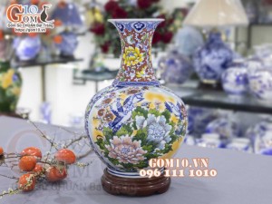 Bình tỏi men màu họa tiết 2 mặt vẽ Thuận Buồm Xuôi Gió và Chim Hoa Phú Quý cao 45cm