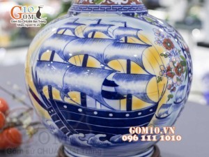 Bình tỏi men màu họa tiết 2 mặt vẽ Thuận Buồm Xuôi Gió và Chim Hoa Phú Quý cao 45cm