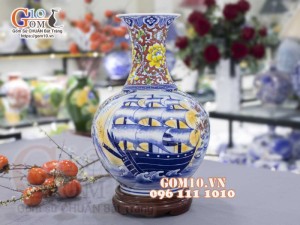 Bình tỏi men màu họa tiết 2 mặt vẽ Thuận Buồm Xuôi Gió và Chim Hoa Phú Quý cao 45cm