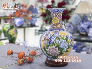 Bình tỏi men màu họa tiết 2 mặt vẽ Thuận Buồm Xuôi Gió và Chim Hoa Phú Quý cao 45cm