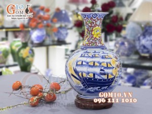 Bình tỏi men màu họa tiết 2 mặt vẽ Thuận Buồm Xuôi Gió và Chim Hoa Phú Quý cao 45cm