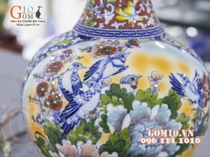 Bình tỏi men màu họa tiết 2 mặt vẽ Thuận Buồm Xuôi Gió và Chim Hoa Phú Quý cao 45cm