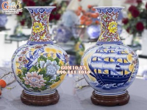 Bình tỏi men màu họa tiết 2 mặt vẽ Thuận Buồm Xuôi Gió và Chim Hoa Phú Quý cao 45cm