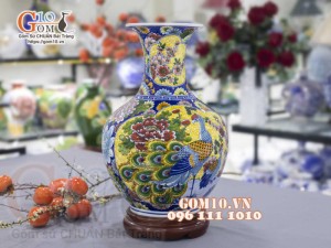 Bình tỏi men màu họa tiết 2 mặt vẽ Thuận Buồm Xuôi Gió và Công Đào cao 45cm