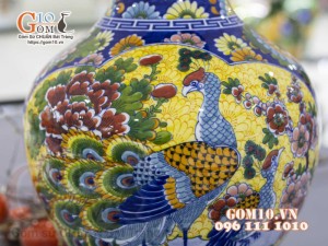 Bình tỏi men màu họa tiết 2 mặt vẽ Thuận Buồm Xuôi Gió và Công Đào cao 45cm