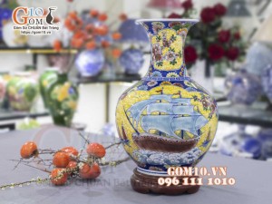 Bình tỏi men màu họa tiết 2 mặt vẽ Thuận Buồm Xuôi Gió và Công Đào cao 45cm