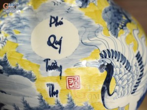 Bình tỏi men màu vẽ cảnh Chim Hạc Phú Quý Trường Thọ, cao 52cm