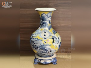 Bình tỏi men màu vẽ cảnh Chim Hạc Phú Quý Trường Thọ, cao 60cm (cả chân kê)