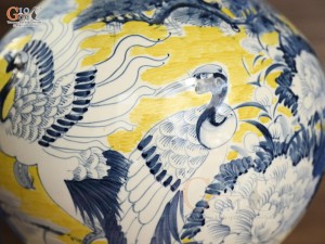 Bình tỏi men màu vẽ cảnh Chim Hạc Phú Quý Trường Thọ, cao 60cm (cả chân kê)