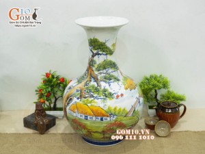 Bình tỏi men màu vẽ cành làng quê, cao 50cm
