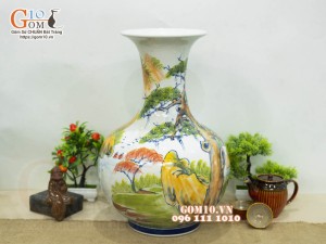 Bình tỏi men màu vẽ cành làng quê, cao 50cm