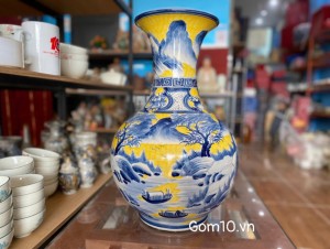 Bình tỏi men màu vẽ cảnh sơn thủy, cao 52cm