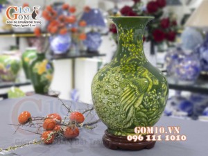 Bình tỏi men màu vẽ Công Đào, màu xanh cao 45cm