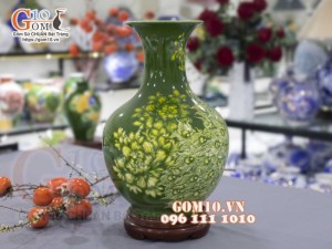 Bình tỏi men màu vẽ Công Đào, màu xanh cao 45cm