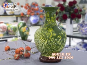 Bình tỏi men màu vẽ Công Đào, màu xanh cao 45cm