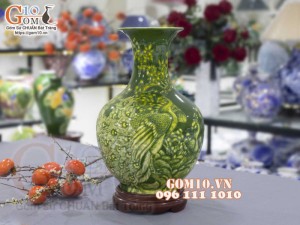 Bình tỏi men màu vẽ Công Đào, màu xanh cao 45cm