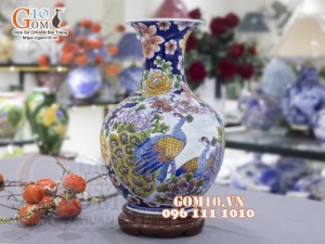 Bình tỏi men màu vẽ nhị cảnh: Công đào - Bách Nhi Bách Phúc, 45cm