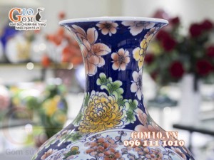 Bình tỏi men màu vẽ nhị cảnh: Công đào - Bách Nhi Bách Phúc, 45cm