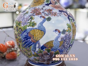 Bình tỏi men màu vẽ nhị cảnh: Công đào - Bách Nhi Bách Phúc, 45cm