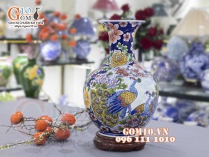 Bình tỏi men màu vẽ nhị cảnh: Công đào - Bách Nhi Bách Phúc, 45cm