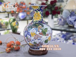 Bình tỏi men màu vẽ nhị cảnh: Công đào - Bách Nhi Bách Phúc, 45cm