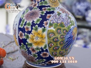 Bình tỏi men màu vẽ nhị cảnh: Công đào - Bách Nhi Bách Phúc, 45cm