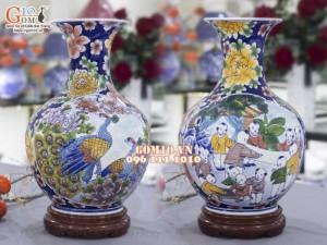 Bình tỏi men màu vẽ nhị cảnh: Công đào - Bách Nhi Bách Phúc, 45cm