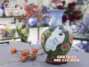 Bình tỏi men màu vẽ Sen Hạc Phú Quý cao 45cm