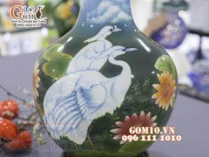 Bình tỏi men màu vẽ Sen Hạc Phú Quý cao 45cm