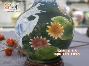 Bình tỏi men màu vẽ Sen Hạc Phú Quý cao 45cm
