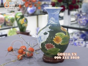 Bình tỏi men màu vẽ Sen Hạc Phú Quý cao 45cm