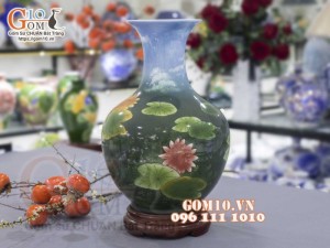 Bình tỏi men màu vẽ Sen Hạc Phú Quý cao 45cm