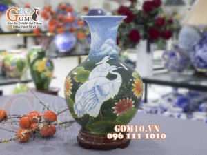 Bình tỏi men màu vẽ Sen Hạc Phú Quý cao 45cm