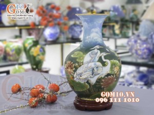 Bình tỏi men màu vẽ vàng 24k, cảnh Sen Hạc Phú Quý cao 45cm