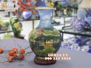 Bình tỏi men màu vẽ vàng 24k, cảnh Sen Hạc Phú Quý cao 45cm