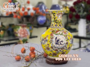 Bình tỏi men màu vẽ vàng 24k, cảnh Tài Lộc Phú Quý, cao 45cm