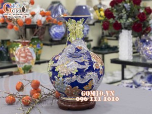 Bình tỏi men màu vẽ vàng 24k, cảnh vẽ Long Ẩn, cao 45cm