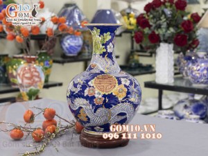 Bình tỏi men màu vẽ vàng 24k, cảnh vẽ Long Ẩn, cao 45cm