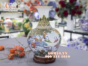 Bình tỏi men màu vẽ vàng 24k, họa tiết 2 mặt cảnh Bách Nhi Bách Phúc và Công Đào, cao 45cm