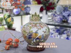 Bình tỏi men màu vẽ vàng 24k, họa tiết 2 mặt cảnh Bách Nhi Bách Phúc và Công Đào, cao 45cm