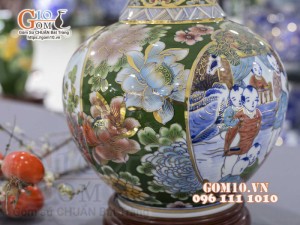 Bình tỏi men màu vẽ vàng 24k, họa tiết 2 mặt cảnh Bách Nhi Bách Phúc và Công Đào, cao 45cm