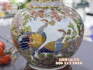 Bình tỏi men màu vẽ vàng 24k, họa tiết 2 mặt cảnh Bách Nhi Bách Phúc và Công Đào, cao 45cm