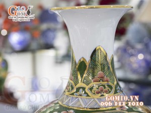 Bình tỏi men màu vẽ vàng 24k, họa tiết 2 mặt cảnh Bách Nhi Bách Phúc và Công Đào, cao 45cm