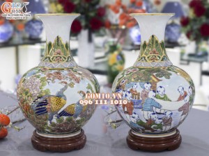 Bình tỏi men màu vẽ vàng 24k, họa tiết 2 mặt cảnh Bách Nhi Bách Phúc và Công Đào, cao 45cm