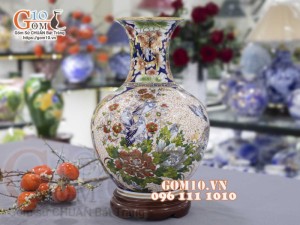 Bình tỏi men màu vẽ vàng 24k, họa tiết 2 mặt cảnh Thuận Buồm Xuôi Gió và Chim Hoa cao 45cm