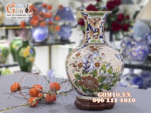 Bình tỏi men màu vẽ vàng 24k, họa tiết 2 mặt cảnh Thuận Buồm Xuôi Gió và Chim Hoa cao 45cm