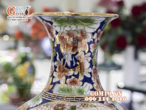 Bình tỏi men màu vẽ vàng 24k, họa tiết 2 mặt cảnh Thuận Buồm Xuôi Gió và Chim Hoa cao 45cm