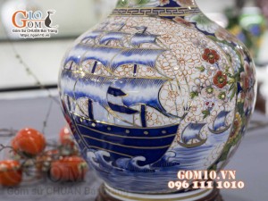 Bình tỏi men màu vẽ vàng 24k, họa tiết 2 mặt cảnh Thuận Buồm Xuôi Gió và Chim Hoa cao 45cm