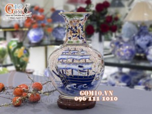 Bình tỏi men màu vẽ vàng 24k, họa tiết 2 mặt cảnh Thuận Buồm Xuôi Gió và Chim Hoa cao 45cm