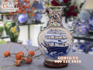 Bình tỏi men màu vẽ vàng 24k, họa tiết 2 mặt cảnh Thuận Buồm Xuôi Gió và Chim Hoa cao 45cm